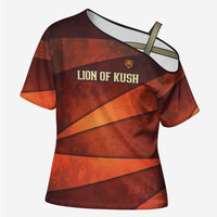 Taharqa Cross Shoulder Shirt with Warrior Portrait, Lion of Kush Title and Bold Red Defender of Africa - Wonder Print Shop
