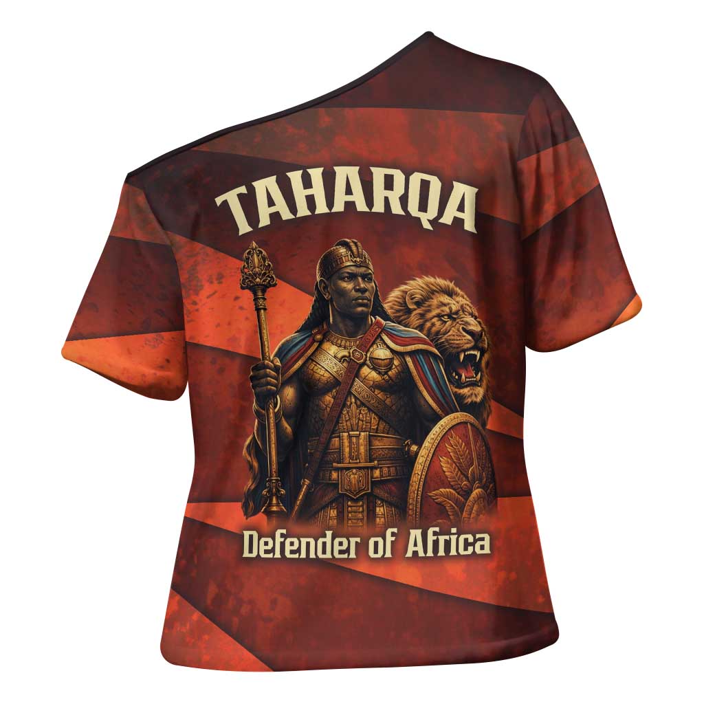 Taharqa Cross Shoulder Shirt with Warrior Portrait, Lion of Kush Title and Bold Red Defender of Africa - Wonder Print Shop