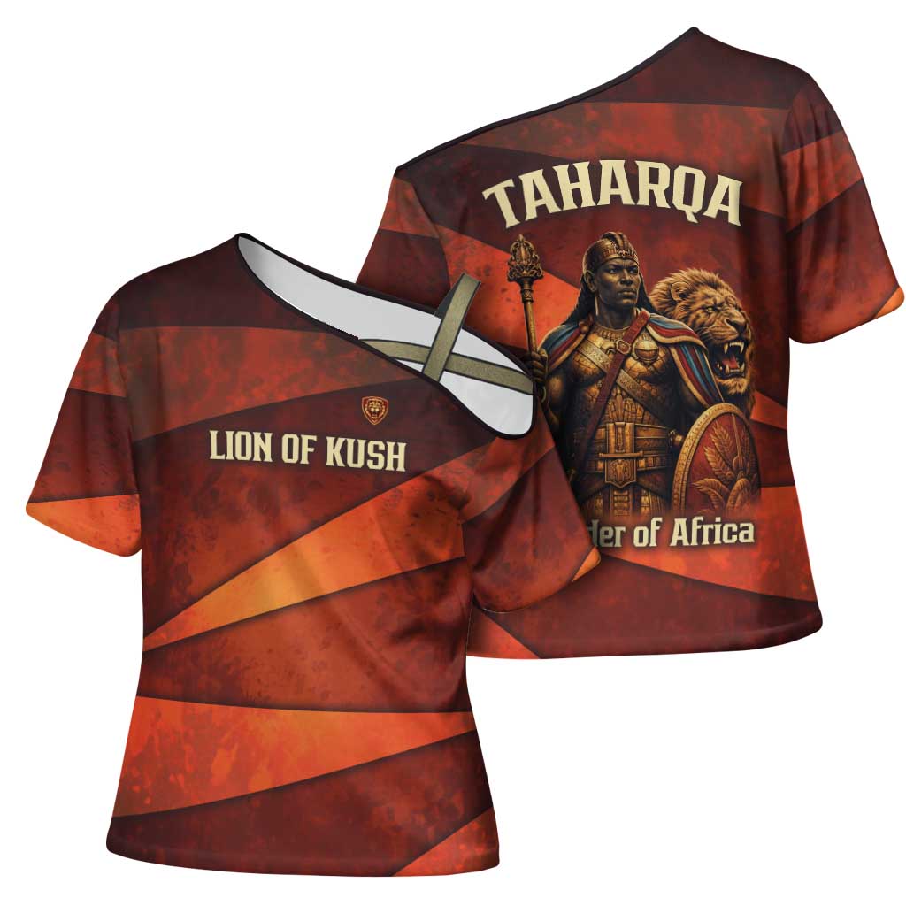 Taharqa Cross Shoulder Shirt with Warrior Portrait, Lion of Kush Title and Bold Red Defender of Africa - Wonder Print Shop