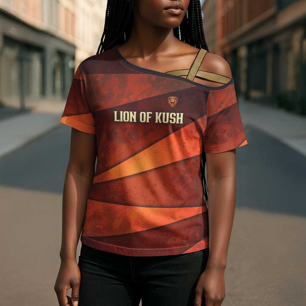 Taharqa Cross Shoulder Shirt with Warrior Portrait, Lion of Kush Title and Bold Red Defender of Africa - Wonder Print Shop