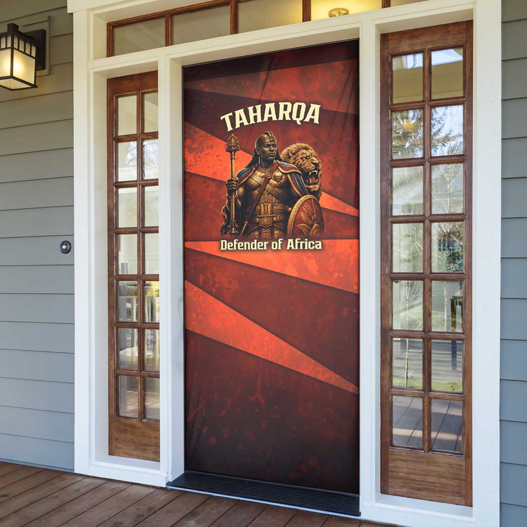 Taharqa Door Cover with Warrior Portrait, Lion of Kush Title and Bold Red Defender of Africa - Wonder Print Shop