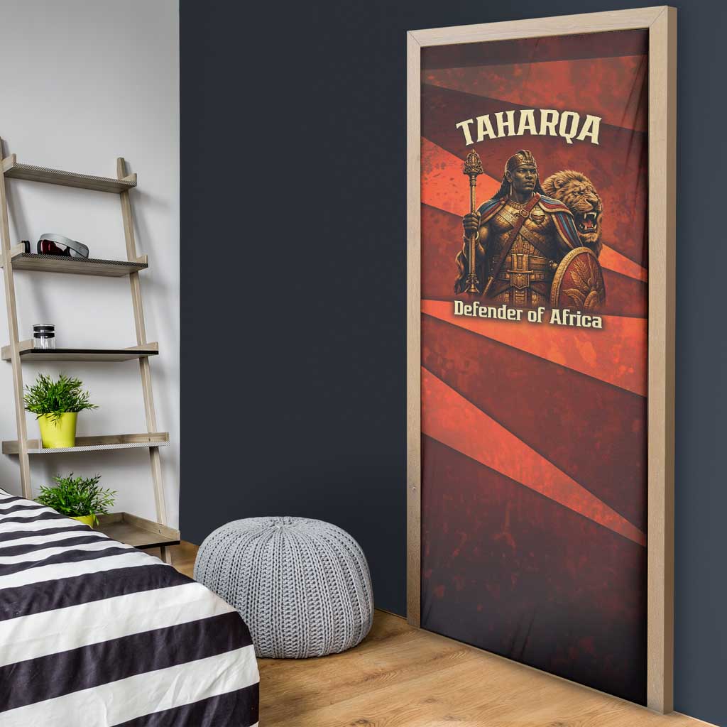 Taharqa Door Cover with Warrior Portrait, Lion of Kush Title and Bold Red Defender of Africa - Wonder Print Shop