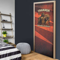 Taharqa Door Cover with Warrior Portrait, Lion of Kush Title and Bold Red Defender of Africa - Wonder Print Shop