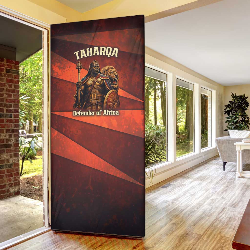Taharqa Door Cover with Warrior Portrait, Lion of Kush Title and Bold Red Defender of Africa - Wonder Print Shop