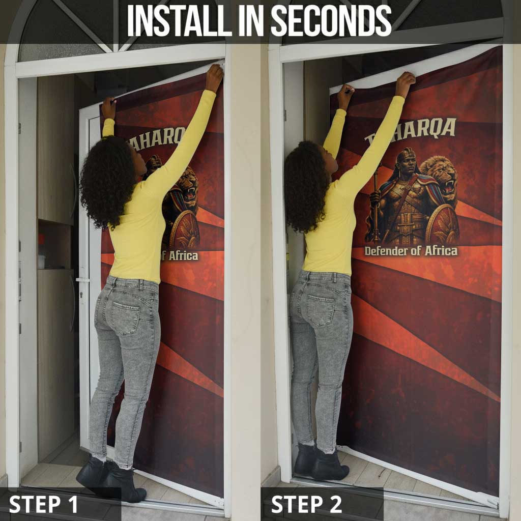 Taharqa Door Cover with Warrior Portrait, Lion of Kush Title and Bold Red Defender of Africa - Wonder Print Shop