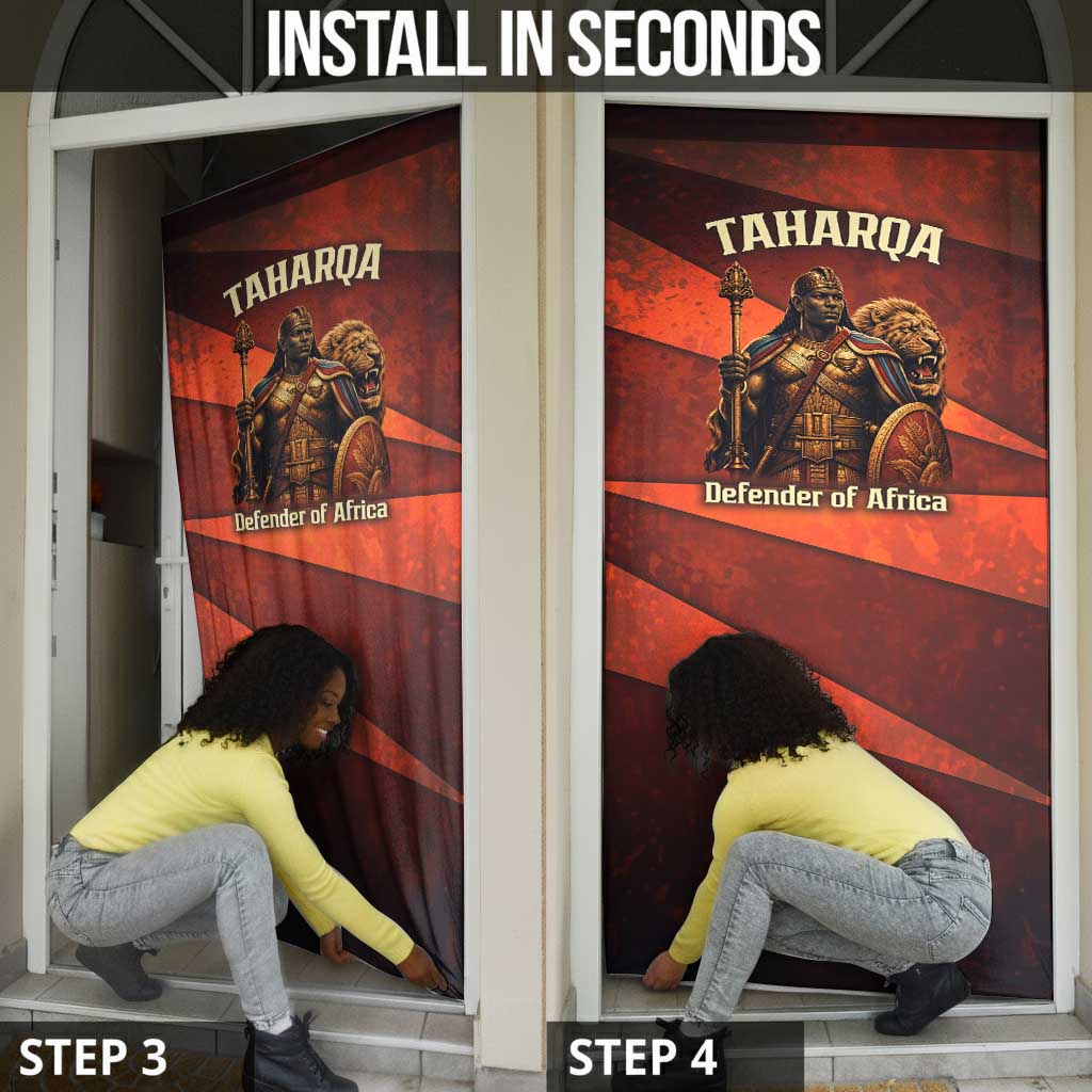 Taharqa Door Cover with Warrior Portrait, Lion of Kush Title and Bold Red Defender of Africa - Wonder Print Shop