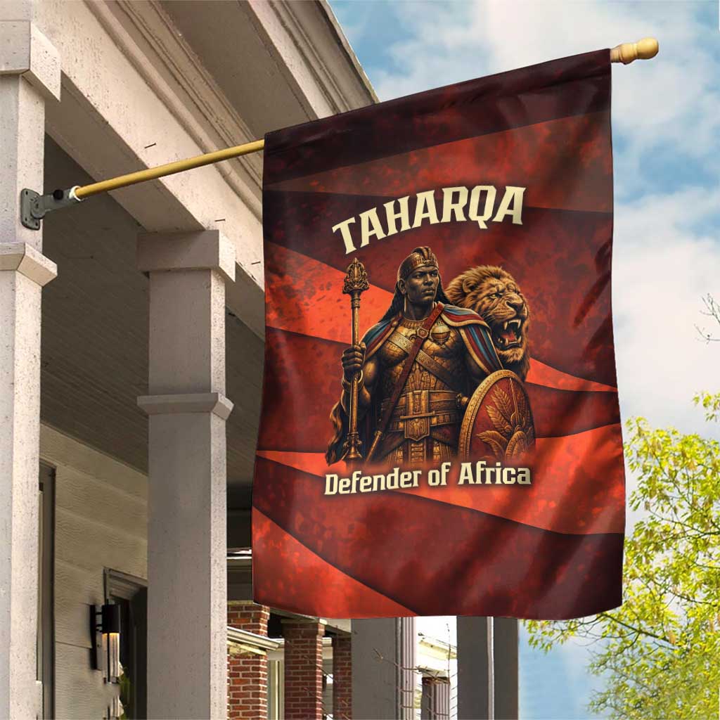 Taharqa Garden Flag with Warrior Portrait, Lion of Kush Title and Bold Red Defender of Africa - Wonder Print Shop