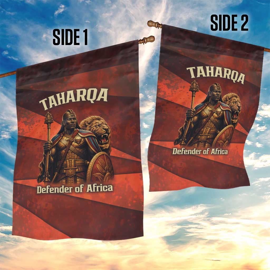 Taharqa Garden Flag with Warrior Portrait, Lion of Kush Title and Bold Red Defender of Africa - Wonder Print Shop