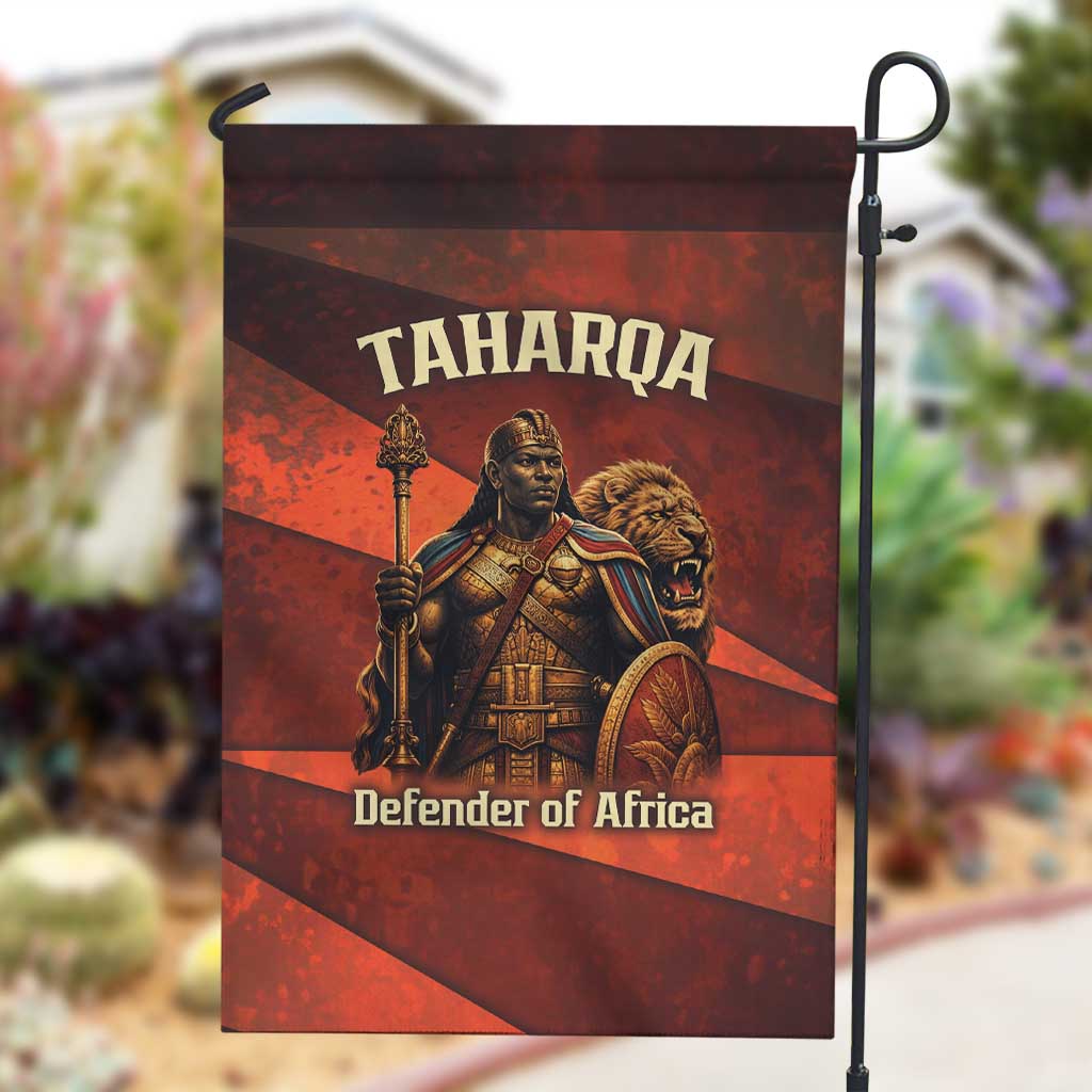Taharqa Garden Flag with Warrior Portrait, Lion of Kush Title and Bold Red Defender of Africa - Wonder Print Shop