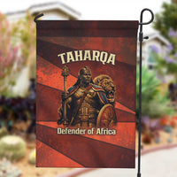 Taharqa Garden Flag with Warrior Portrait, Lion of Kush Title and Bold Red Defender of Africa - Wonder Print Shop