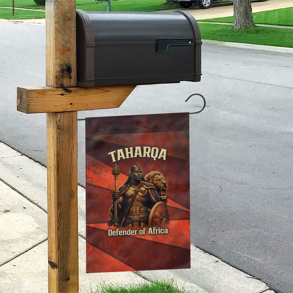 Taharqa Garden Flag with Warrior Portrait, Lion of Kush Title and Bold Red Defender of Africa - Wonder Print Shop