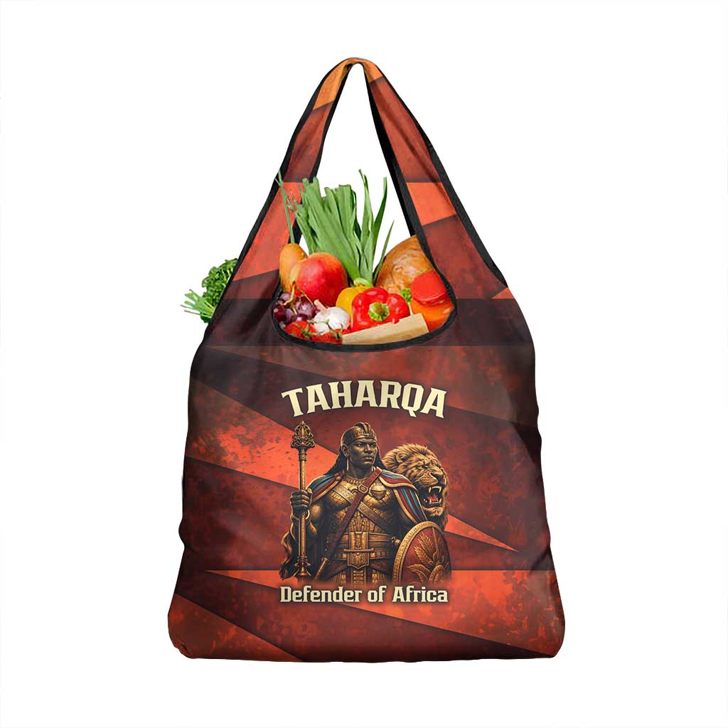 Taharqa Grocery Bag with Warrior Portrait, Lion of Kush Title and Bold Red Defender of Africa - Wonder Print Shop