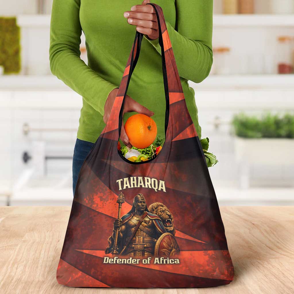Taharqa Grocery Bag with Warrior Portrait, Lion of Kush Title and Bold Red Defender of Africa - Wonder Print Shop