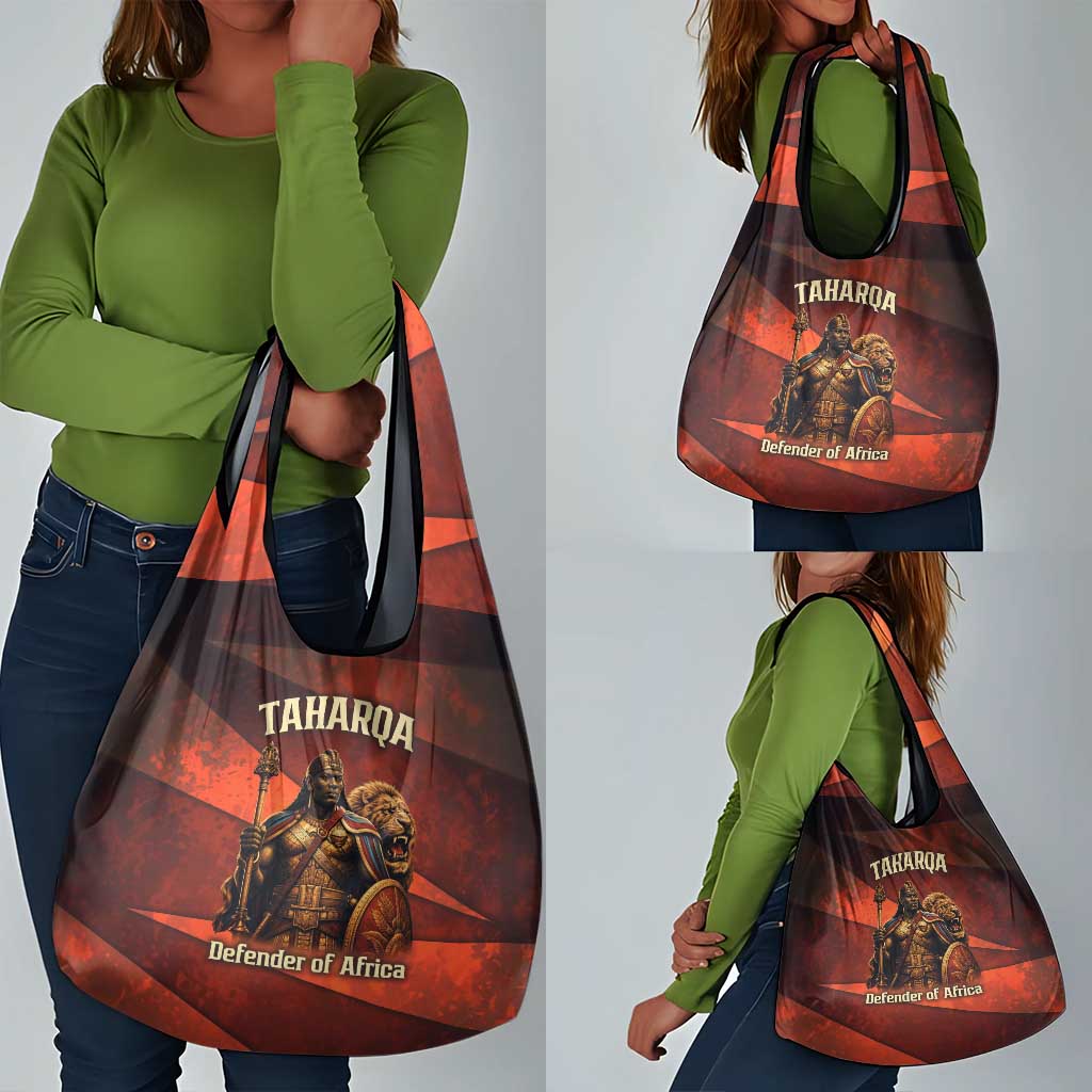 Taharqa Grocery Bag with Warrior Portrait, Lion of Kush Title and Bold Red Defender of Africa - Wonder Print Shop