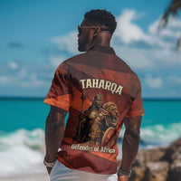 Taharqa Hawaiian Shirt with Warrior Portrait, Lion of Kush Title and Bold Red Defender of Africa - Wonder Print Shop