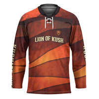 Taharqa Hockey Jersey with Warrior Portrait, Lion of Kush Title and Bold Red Defender of Africa - Wonder Print Shop