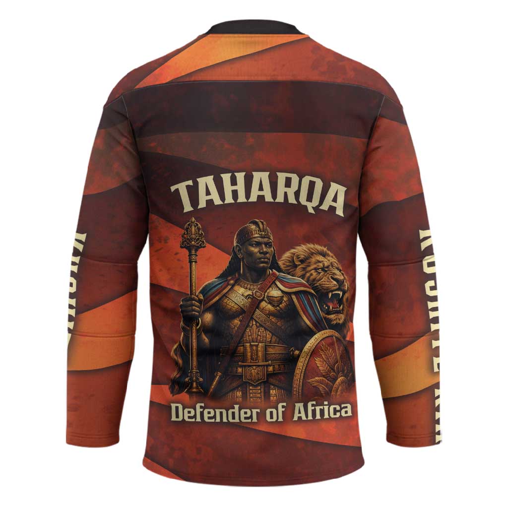 Taharqa Hockey Jersey with Warrior Portrait, Lion of Kush Title and Bold Red Defender of Africa - Wonder Print Shop
