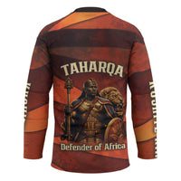 Taharqa Hockey Jersey with Warrior Portrait, Lion of Kush Title and Bold Red Defender of Africa - Wonder Print Shop