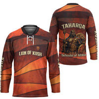 Taharqa Hockey Jersey with Warrior Portrait, Lion of Kush Title and Bold Red Defender of Africa - Wonder Print Shop