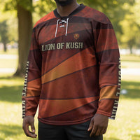Taharqa Hockey Jersey with Warrior Portrait, Lion of Kush Title and Bold Red Defender of Africa - Wonder Print Shop