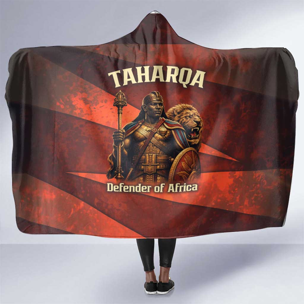 Taharqa Hooded Blanket with Warrior Portrait, Lion of Kush Title and Bold Red Defender of Africa - Wonder Print Shop