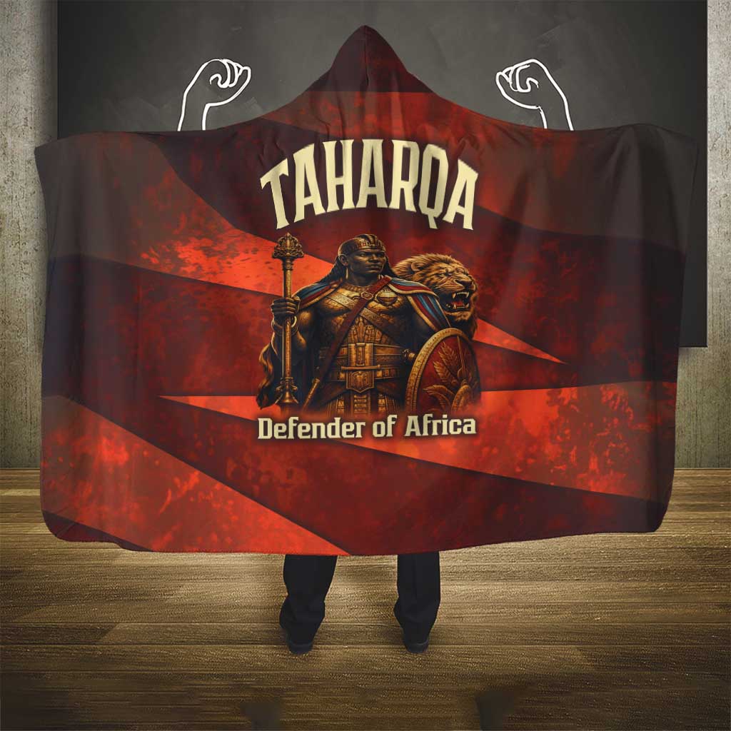 Taharqa Hooded Blanket with Warrior Portrait, Lion of Kush Title and Bold Red Defender of Africa - Wonder Print Shop