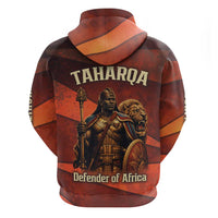 Taharqa Hoodie with Warrior Portrait, Lion of Kush Title and Bold Red Defender of Africa - Wonder Print Shop