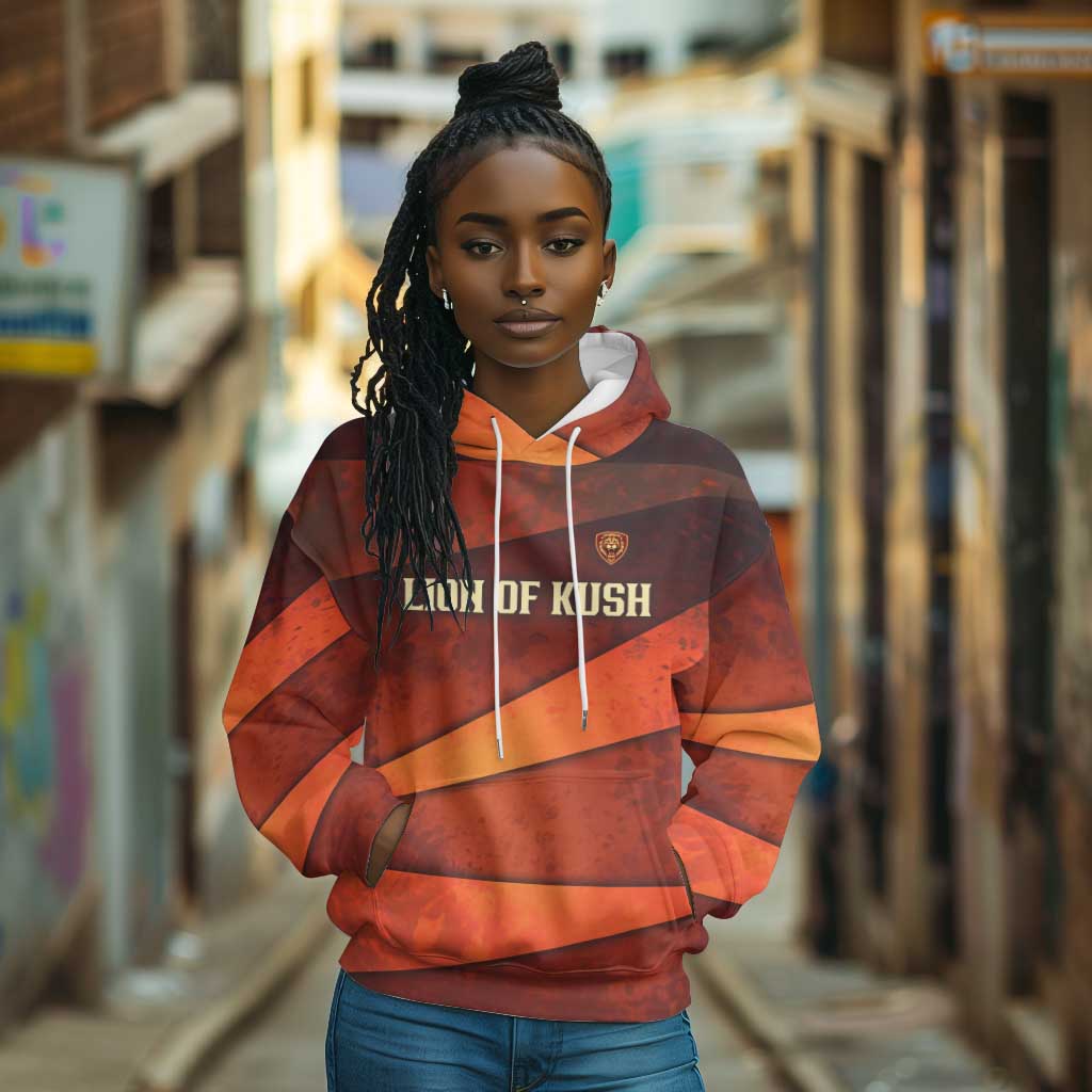 Taharqa Hoodie with Warrior Portrait, Lion of Kush Title and Bold Red Defender of Africa - Wonder Print Shop