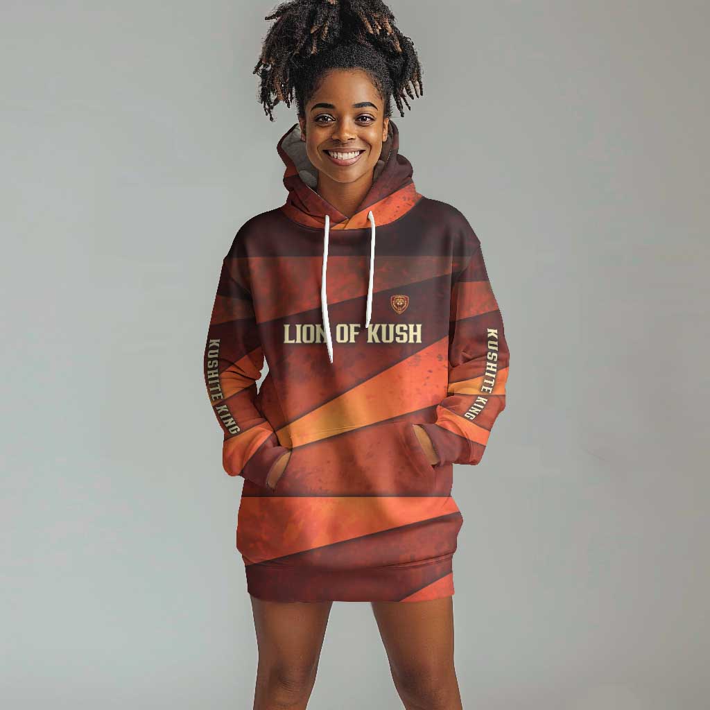 Taharqa Hoodie Dress with Warrior Portrait, Lion of Kush Title and Bold Red Defender of Africa - Wonder Print Shop
