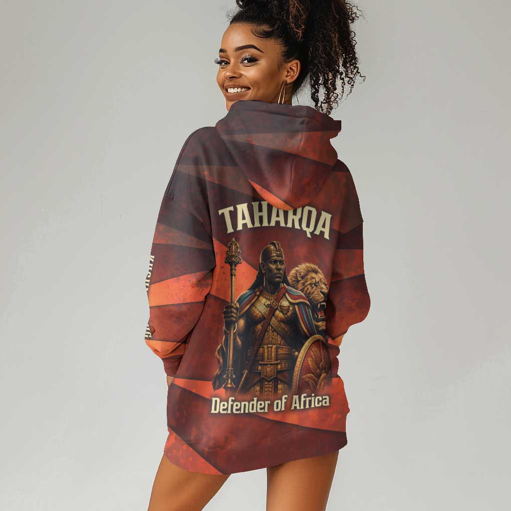 Taharqa Hoodie Dress with Warrior Portrait, Lion of Kush Title and Bold Red Defender of Africa - Wonder Print Shop