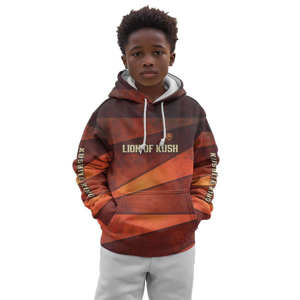 Taharqa Kid Hoodie with Warrior Portrait, Lion of Kush Title and Bold Red Defender of Africa - Wonder Print Shop
