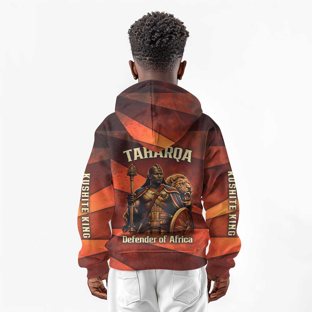 Taharqa Kid Hoodie with Warrior Portrait, Lion of Kush Title and Bold Red Defender of Africa - Wonder Print Shop