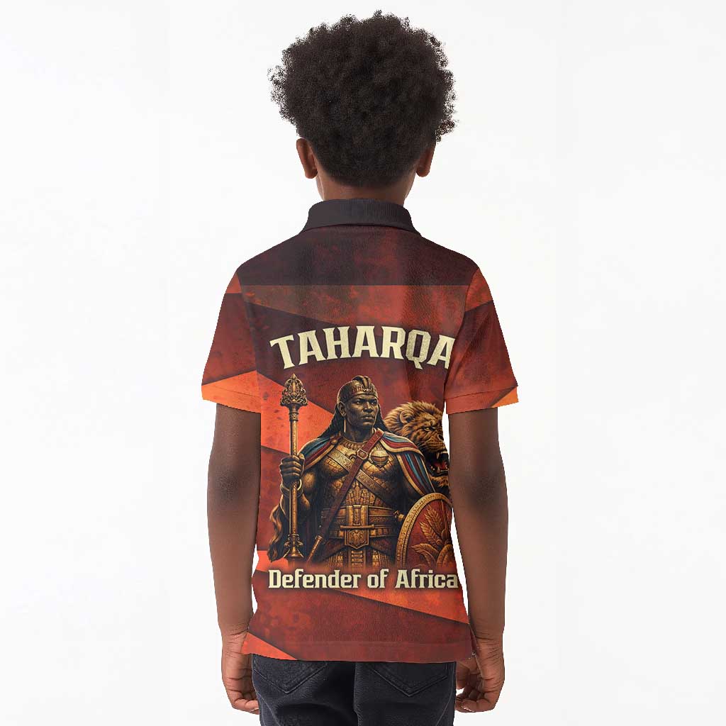Taharqa Kid Polo Shirt with Warrior Portrait, Lion of Kush Title and Bold Red Defender of Africa - Wonder Print Shop