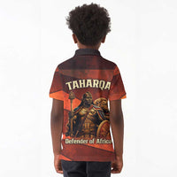 Taharqa Kid Polo Shirt with Warrior Portrait, Lion of Kush Title and Bold Red Defender of Africa - Wonder Print Shop