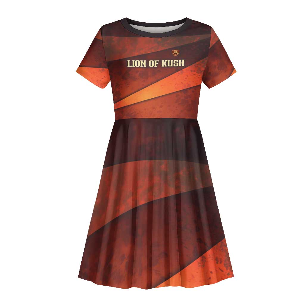 Taharqa Kid Short Sleeve Dress with Warrior Portrait, Lion of Kush Title and Bold Red Defender of Africa - Wonder Print Shop