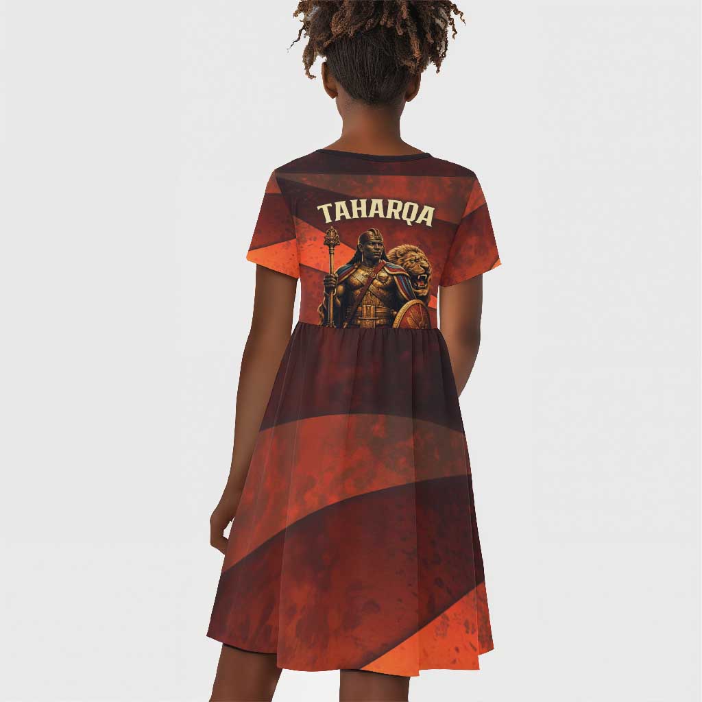 Taharqa Kid Short Sleeve Dress with Warrior Portrait, Lion of Kush Title and Bold Red Defender of Africa - Wonder Print Shop