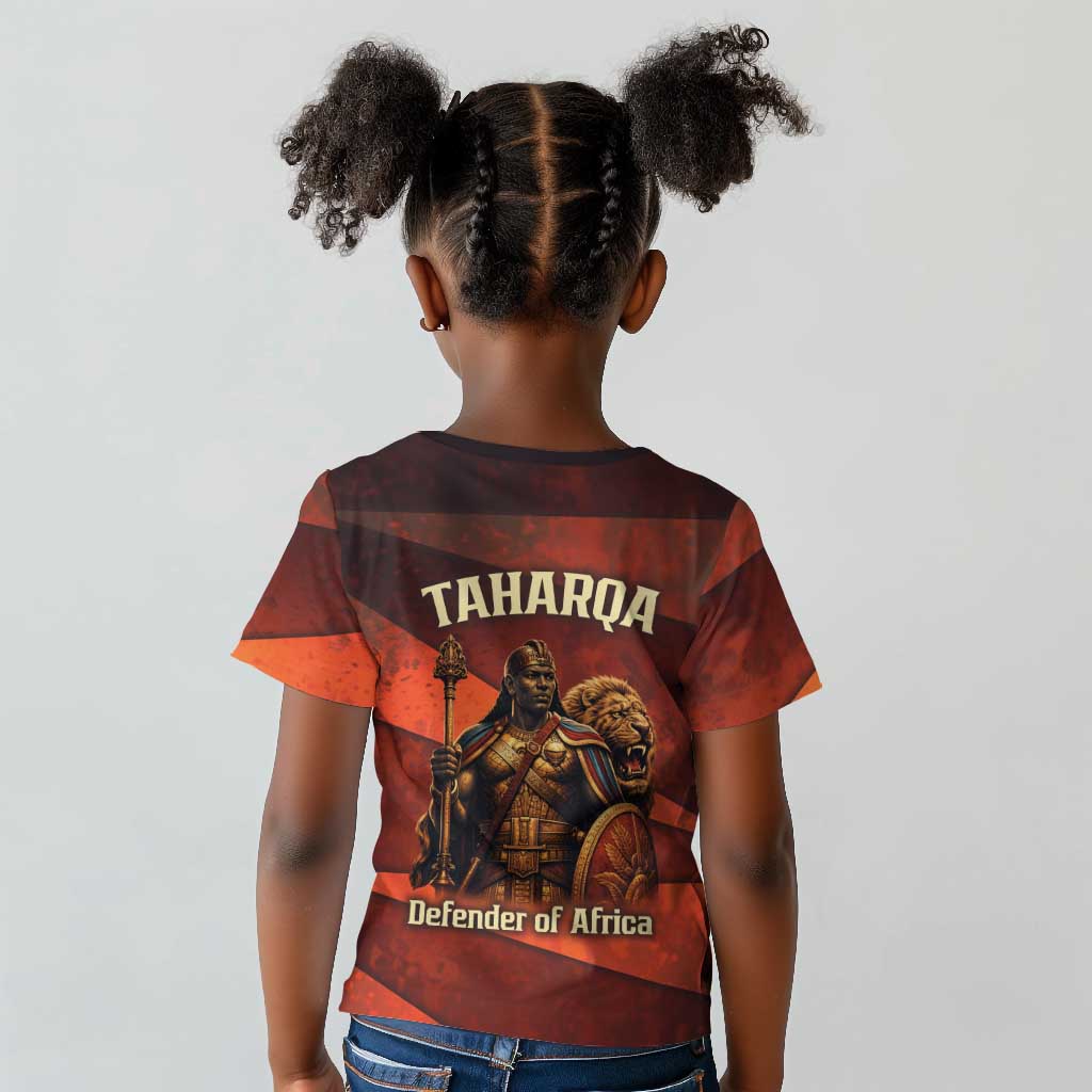 Taharqa Kid T shirt with Warrior Portrait, Lion of Kush Title and Bold Red Defender of Africa - Wonder Print Shop