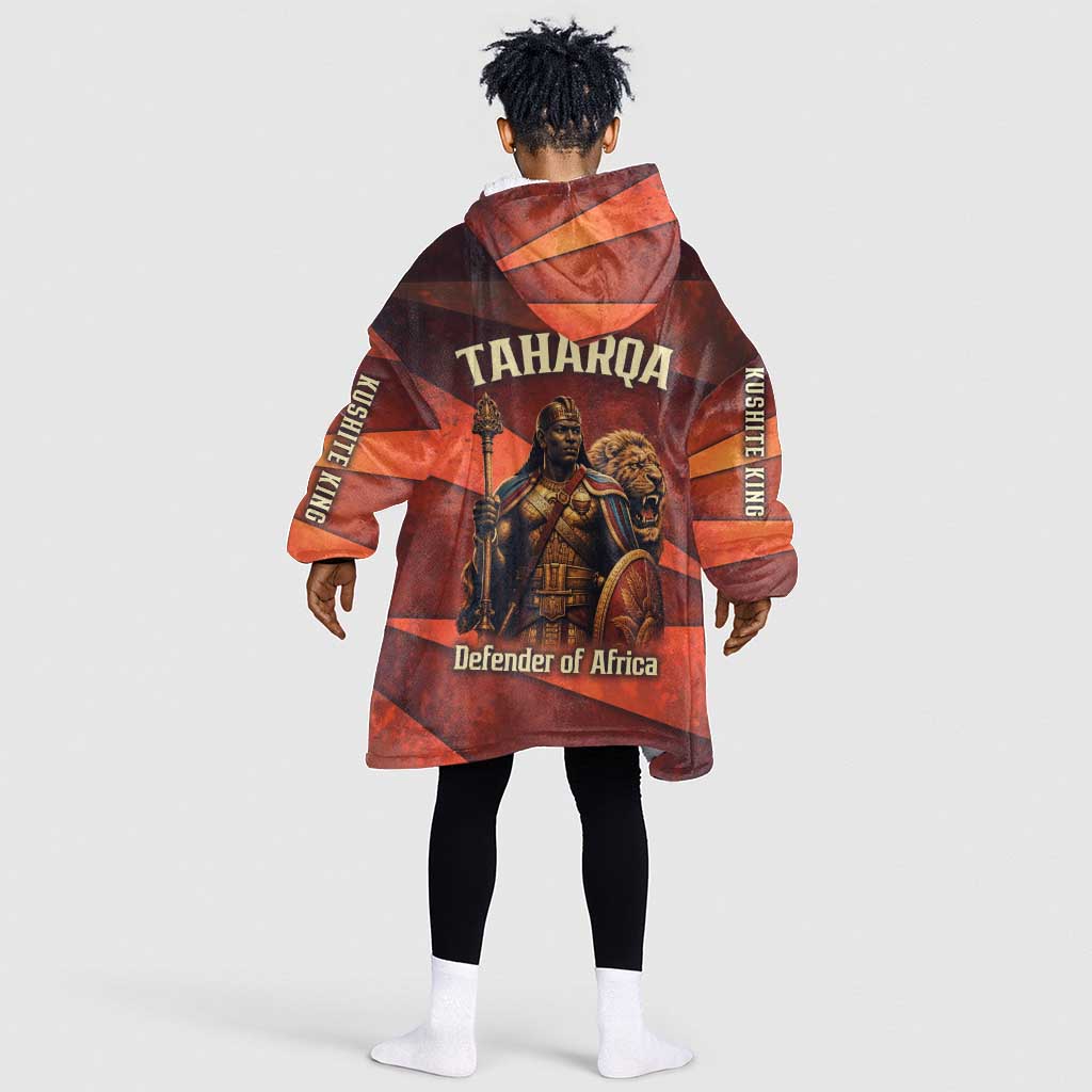 Taharqa Kid Wearable Blanket Hoodie with Warrior Portrait, Lion of Kush Title and Bold Red Defender of Africa - Wonder Print Shop