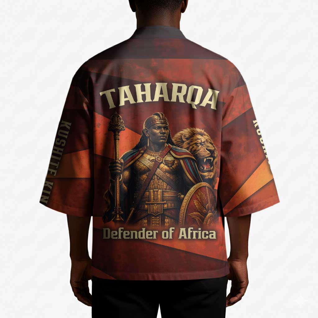 Taharqa Kimono with Warrior Portrait, Lion of Kush Title and Bold Red Defender of Africa - Wonder Print Shop