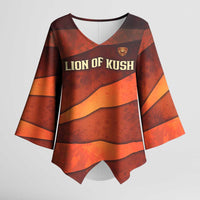 Taharqa Kimono Sleeve Blouse with Warrior Portrait, Lion of Kush Title and Bold Red Defender of Africa - Wonder Print Shop