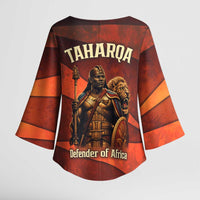 Taharqa Kimono Sleeve Blouse with Warrior Portrait, Lion of Kush Title and Bold Red Defender of Africa - Wonder Print Shop