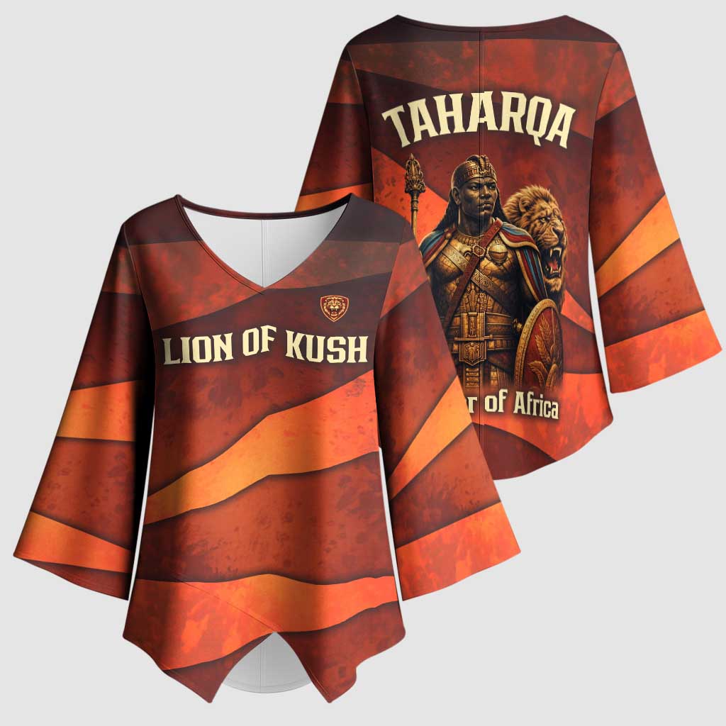 Taharqa Kimono Sleeve Blouse with Warrior Portrait, Lion of Kush Title and Bold Red Defender of Africa - Wonder Print Shop