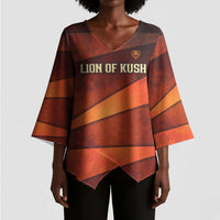 Taharqa Kimono Sleeve Blouse with Warrior Portrait, Lion of Kush Title and Bold Red Defender of Africa - Wonder Print Shop