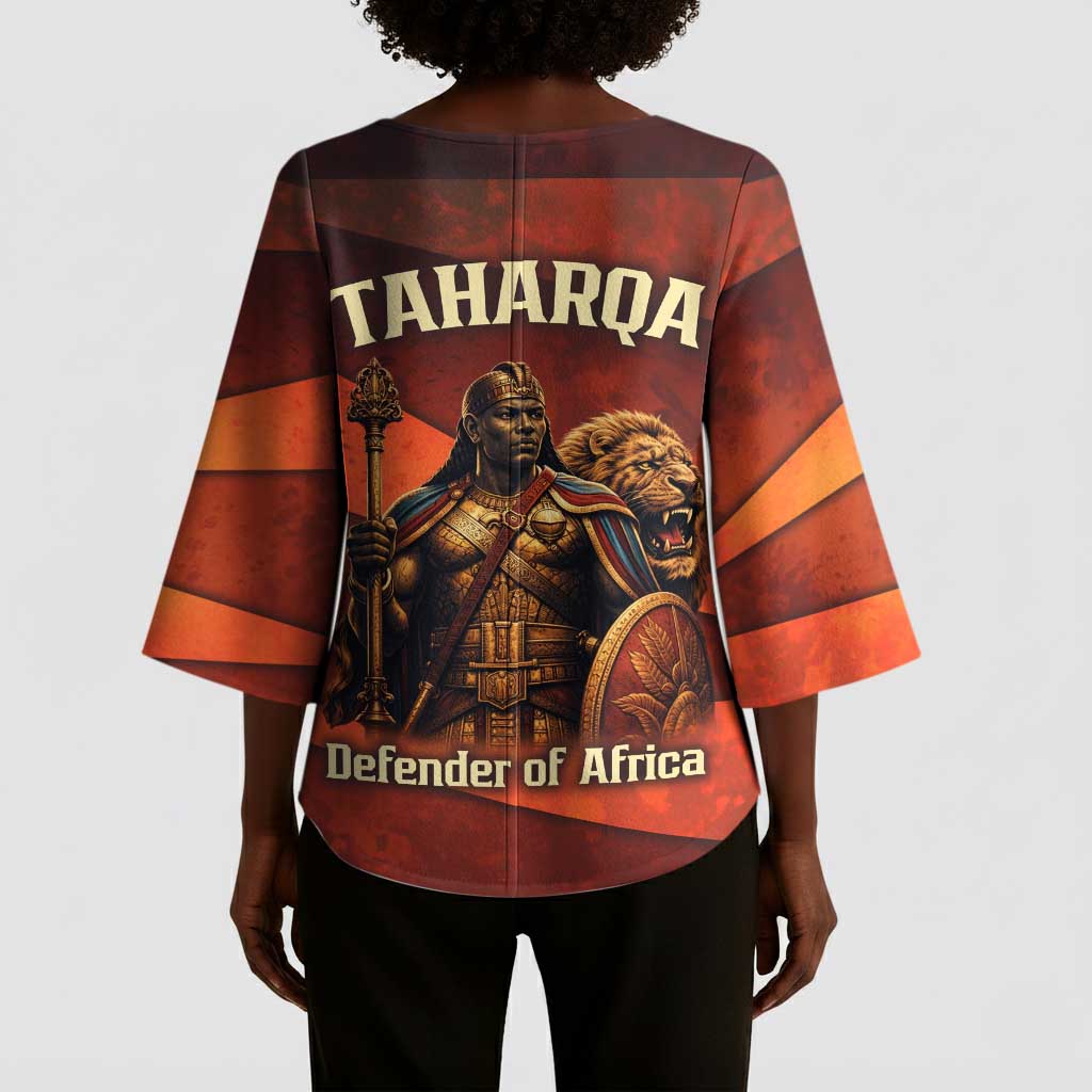 Taharqa Kimono Sleeve Blouse with Warrior Portrait, Lion of Kush Title and Bold Red Defender of Africa - Wonder Print Shop