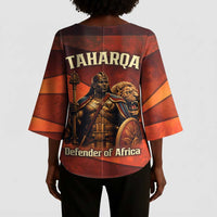 Taharqa Kimono Sleeve Blouse with Warrior Portrait, Lion of Kush Title and Bold Red Defender of Africa - Wonder Print Shop