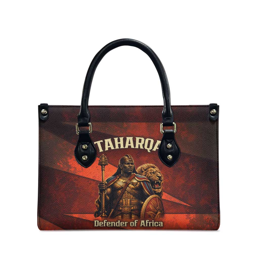 Taharqa Leather Bag with Warrior Portrait, Lion of Kush Title and Bold Red Defender of Africa - Wonder Print Shop