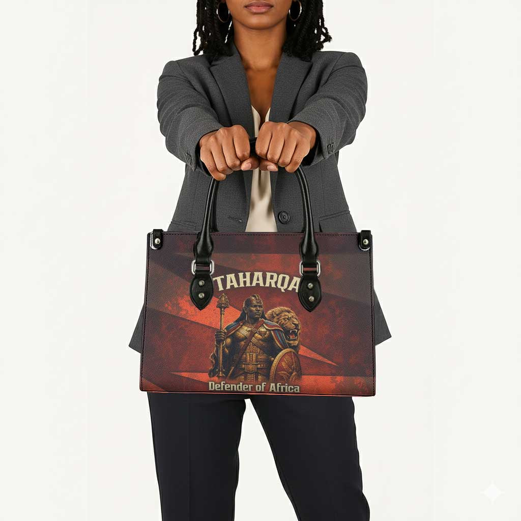 Taharqa Leather Bag with Warrior Portrait, Lion of Kush Title and Bold Red Defender of Africa - Wonder Print Shop