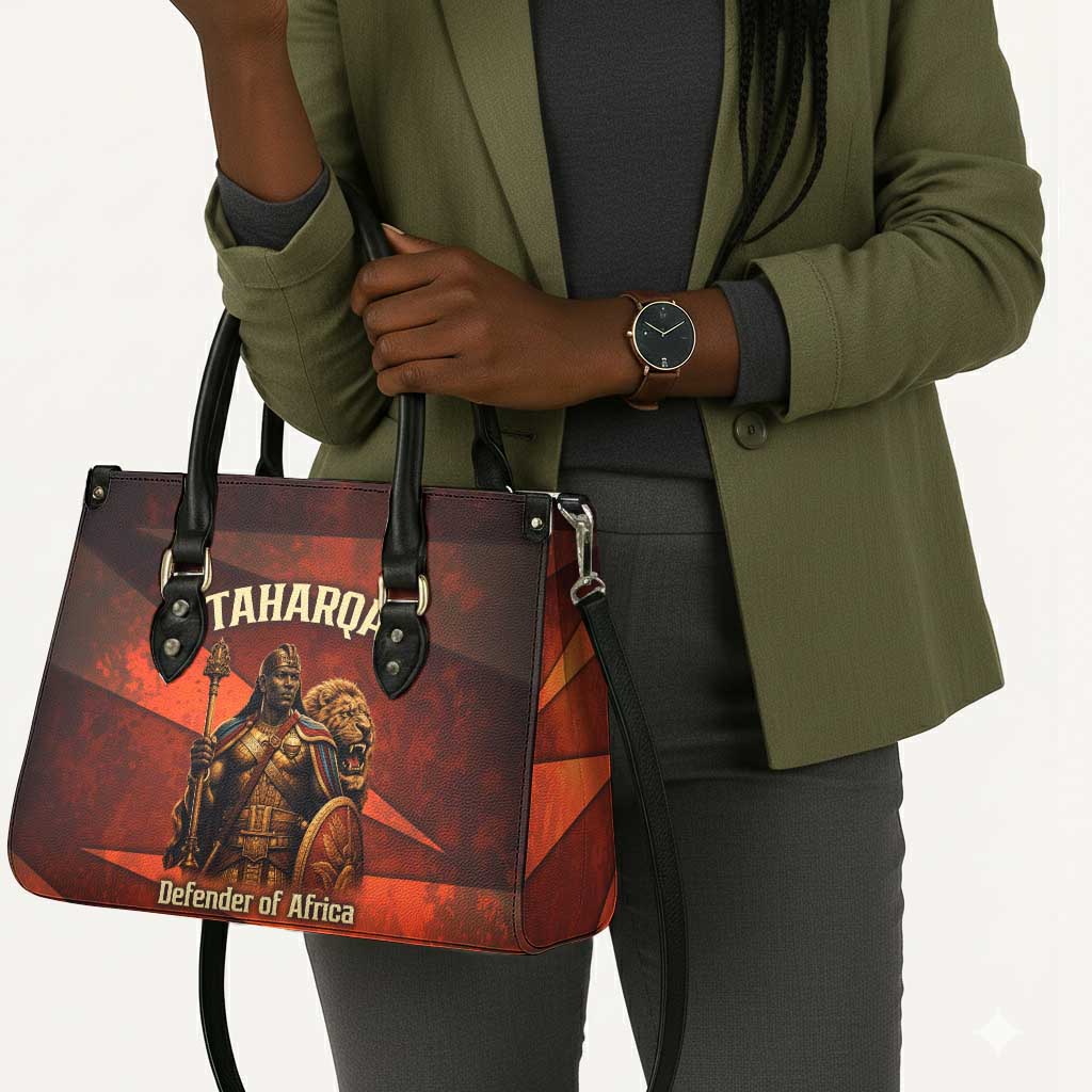 Taharqa Leather Bag with Warrior Portrait, Lion of Kush Title and Bold Red Defender of Africa - Wonder Print Shop