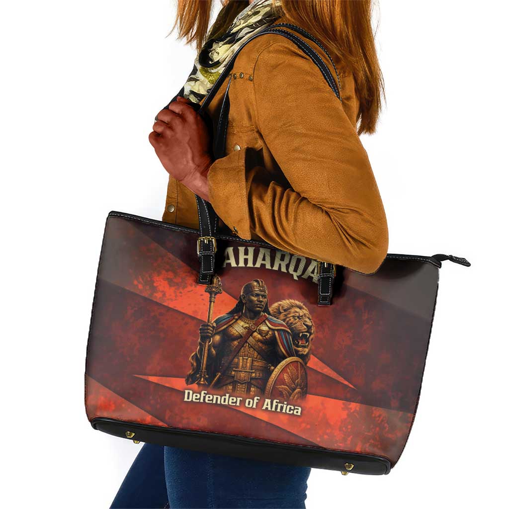 Taharqa Leather Tote Bag with Warrior Portrait, Lion of Kush Title and Bold Red Defender of Africa - Wonder Print Shop