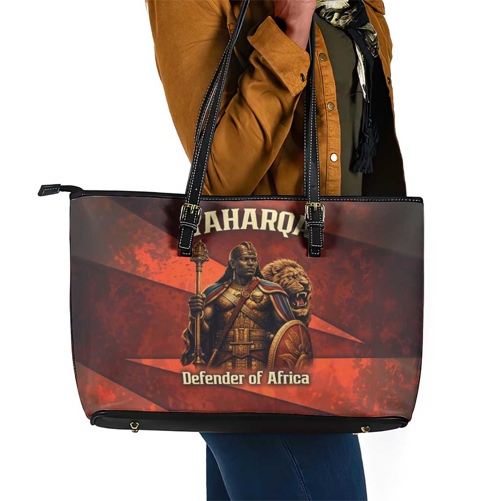 Taharqa Leather Tote Bag with Warrior Portrait, Lion of Kush Title and Bold Red Defender of Africa - Wonder Print Shop